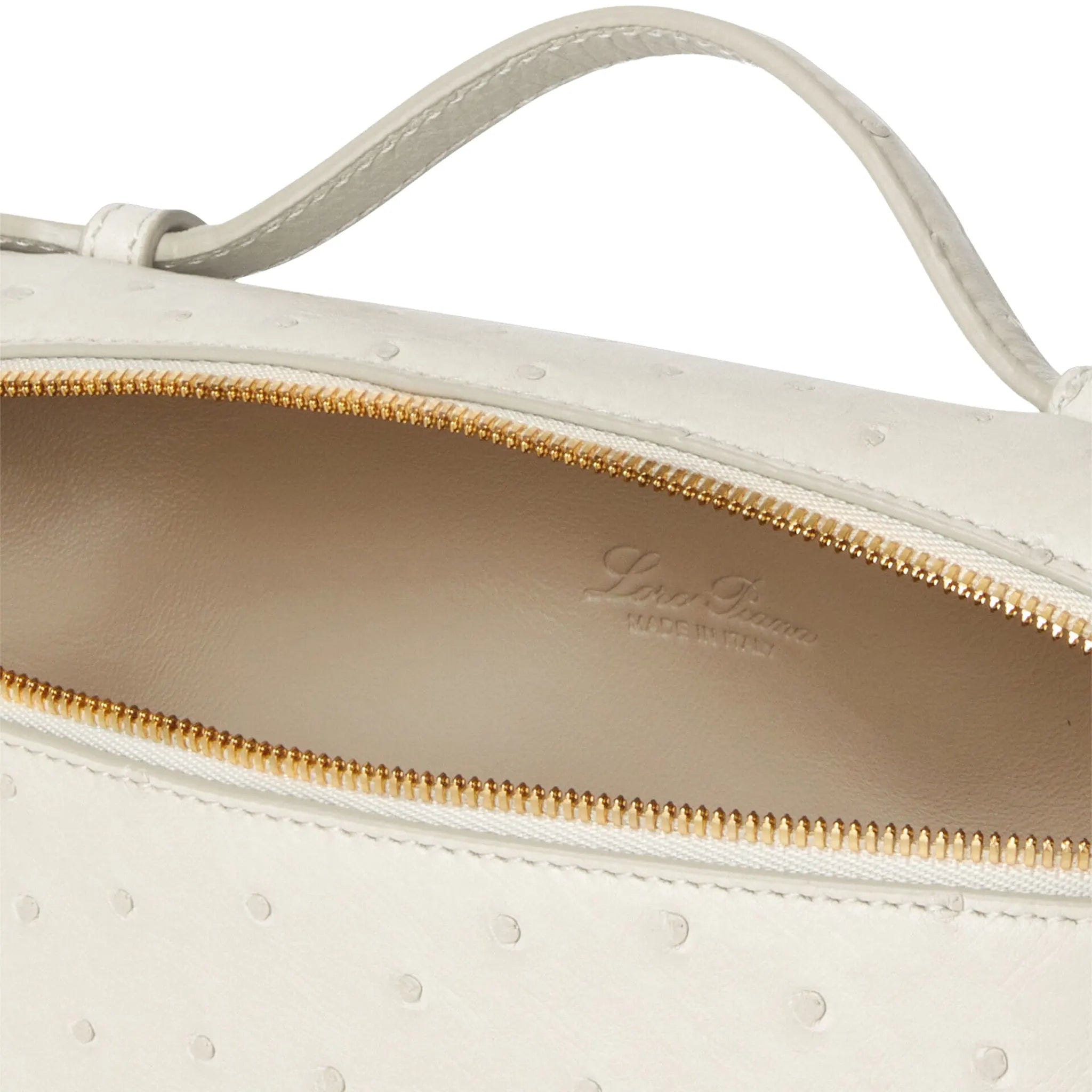 Detailed Front View of Loro Piana Extra Pocket L19 Ostrich Leather Whisper White Sun Gold Shoulder Bag FAN4199_108U